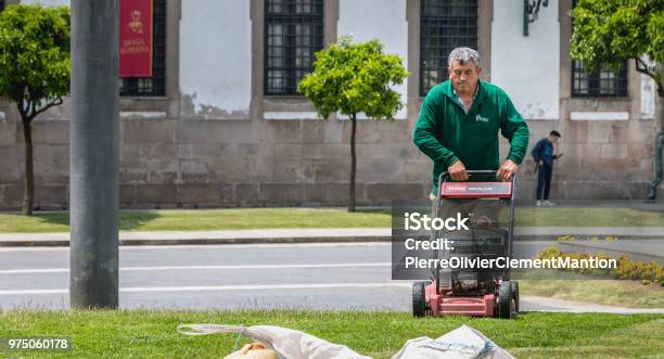 Municipal Gardeners Mowing The Grass In The City Center Stock Photo - Download Image Now