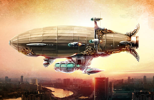 Dirigible balloon in the sky over a city Raster illustration. Fantastic airship flies over the city evening. steampunk stock illustrations