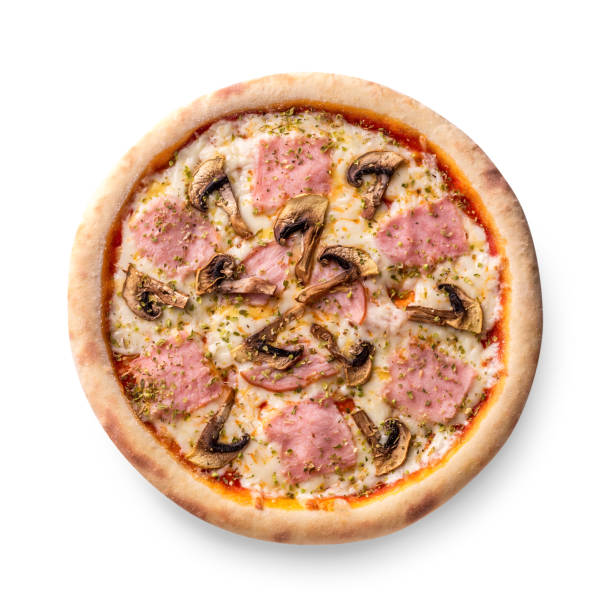 istock Fresh pizza with mushrooms, ham, cheese on white background. Copy space. Top view 975093142