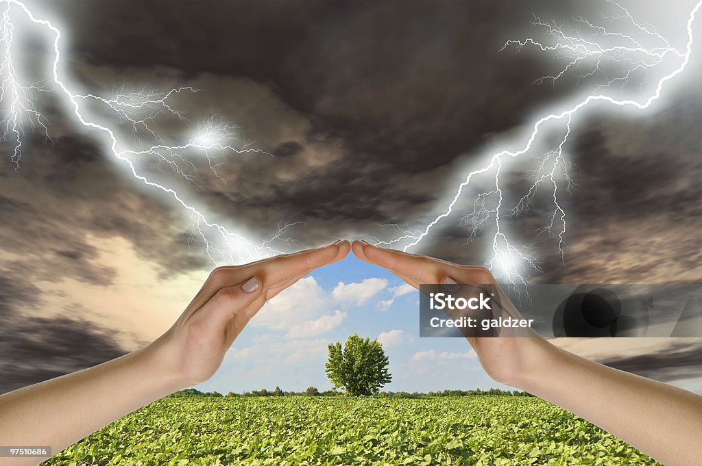 Zwei Hände erhalten einen grünen Baum gegen thunder-storm - Lizenzfrei Baum Stock-Foto