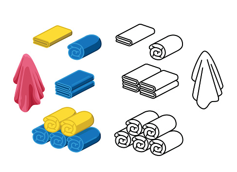 Set of towel vector illustration. Folded towels in flat cartoon and line icon style. Yellow and blue towel. line towel.Towel roll for spa, kitchen, bath