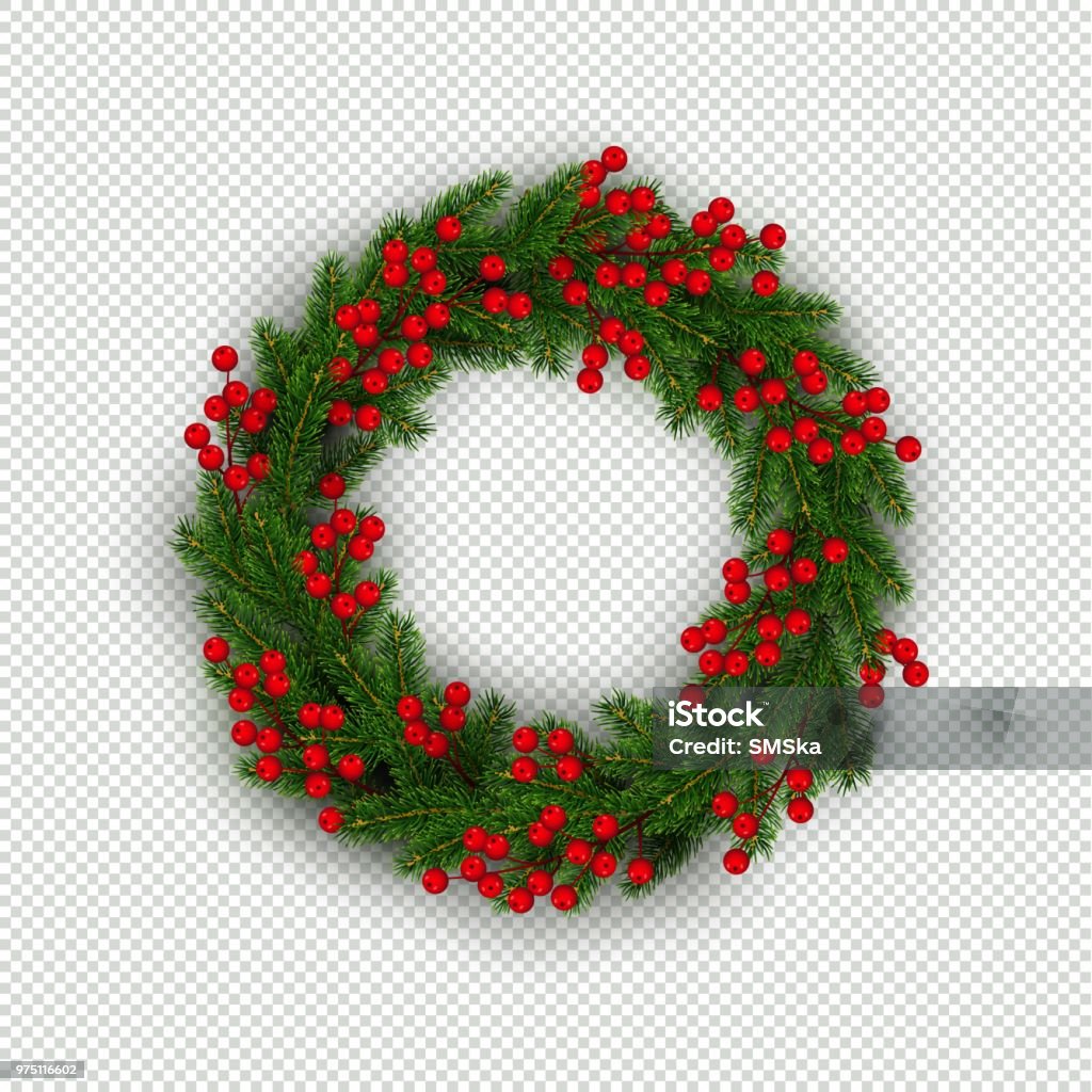 Guirnalda de la Navidad del árbol de Navidad realista ramas y bayas de acebo - arte vectorial de Corona - Arreglo floral libre de derechos