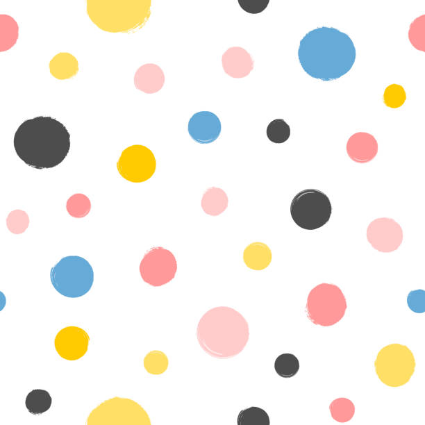Repeated round spots painted with a watercolor brush. Geometric seamless pattern. Grunge, watercolor, sketch. Repeated round spots painted with a watercolor brush. Geometric seamless pattern. Grunge, watercolor, sketch. Vector illustration. White, pink, blue, black, orange colors. drawing of pink and black polka dot wallpaper stock illustrations