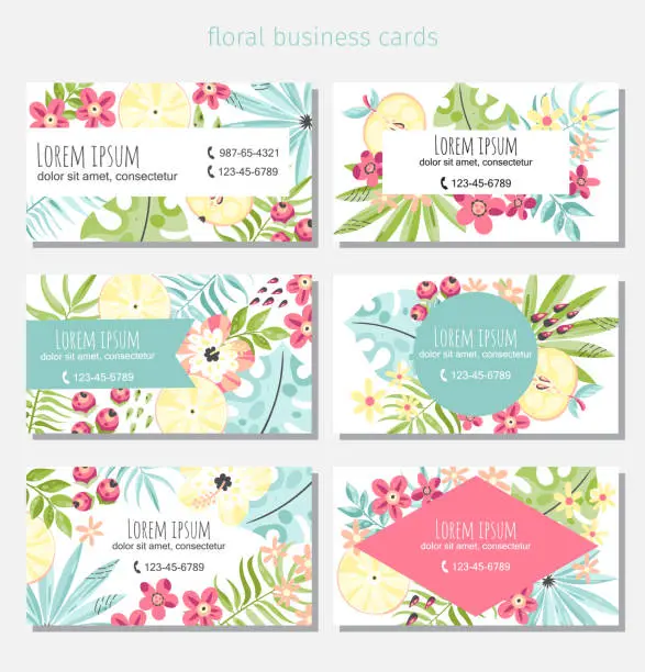 Vector illustration of Six flowers and fruits business cards