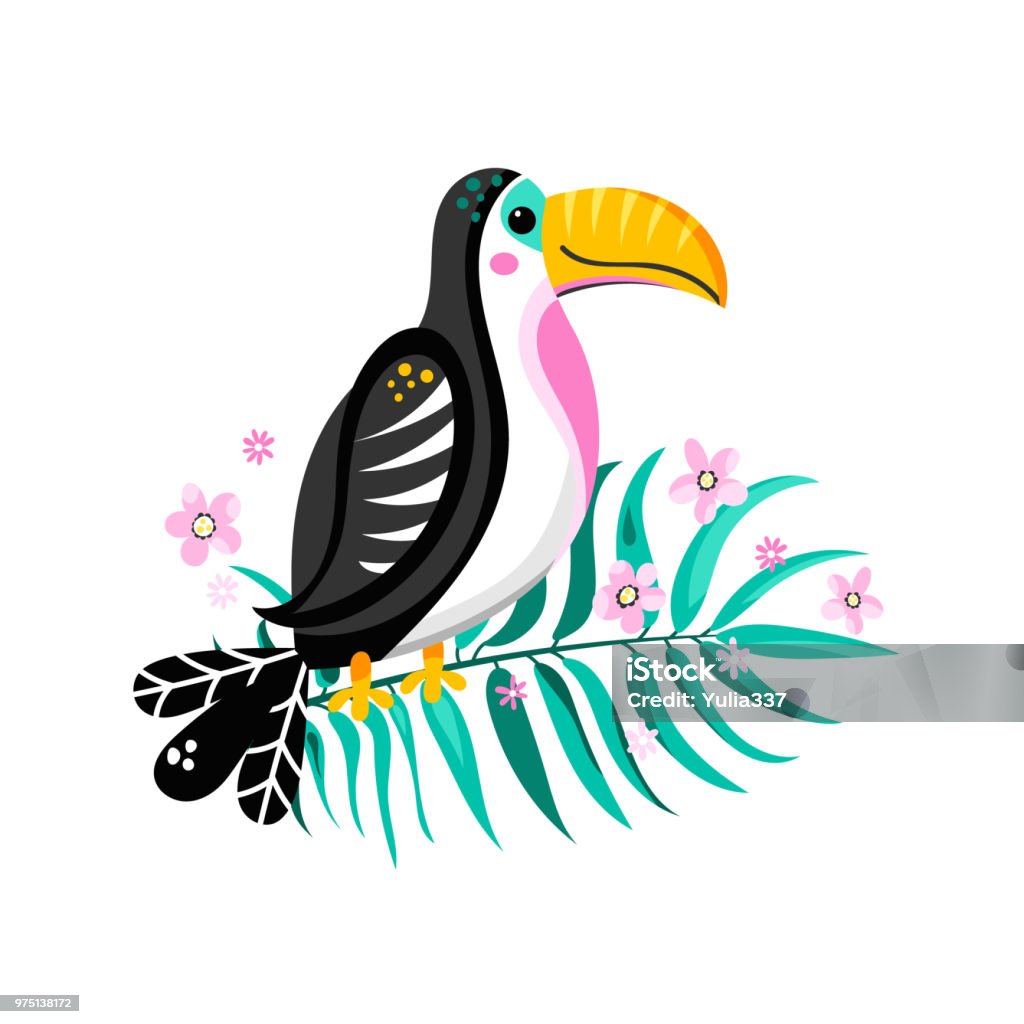 Tropical background with Toucan Vector illustration of a bright tropical bird Toucan with palm leaf and flowers isolated on white background. Vector illustration. Animal stock vector