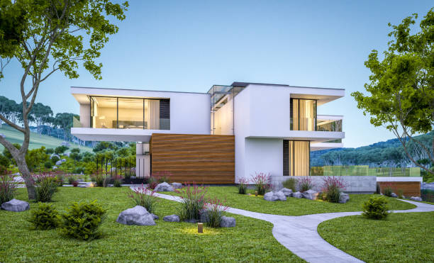 istock 3d rendering of modern cozy house by the river at evening 975148914