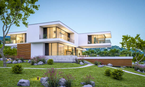 istock 3d rendering of modern cozy house by the river at evening 975148916