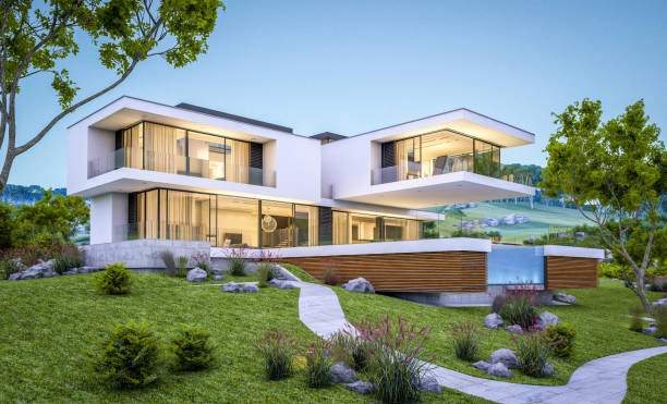 istock 3d rendering of modern cozy house by the river at evening 975148982