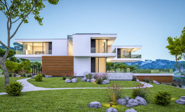 istock 3d rendering of modern cozy house by the river at evening 975148984