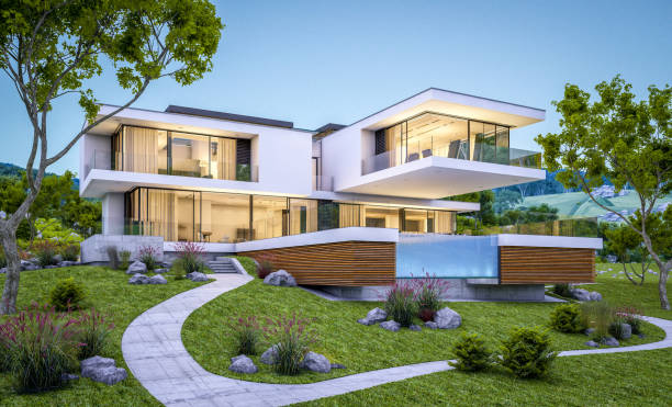istock 3d rendering of modern cozy house by the river at evening 975148988