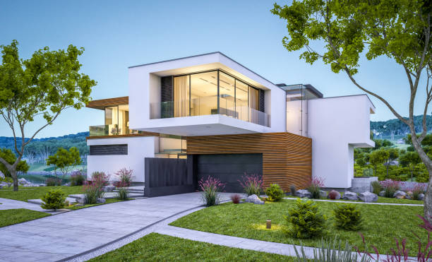 istock 3d rendering of modern cozy house by the river at evening 975149054