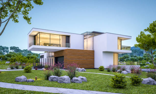 istock 3d rendering of modern cozy house by the river at evening 975149070