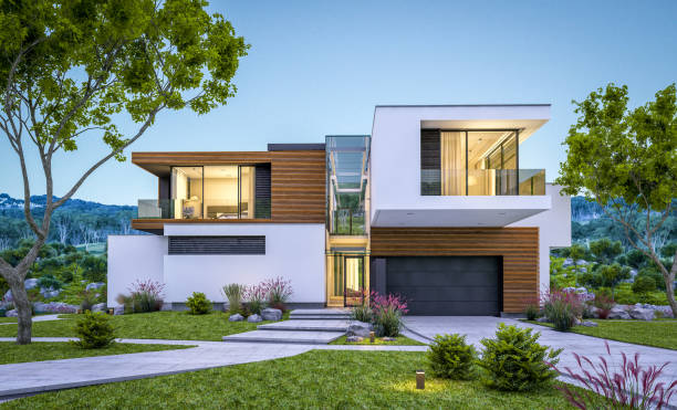 istock 3d rendering of modern cozy house by the river at evening 975149124