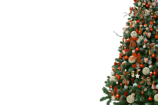 half of christmas tree isolated on white background, decorated with vintage ornaments; ratan balls, burlap and tartan ribbons, wooden snowflakes, red berries and balls, red white jingle bells - fake rattan imagens e fotografias de stock