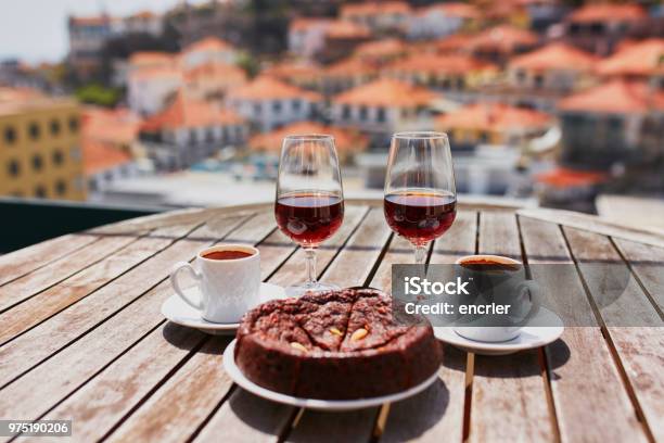 Madeira Wine Coffee And Hohey Cake View To Funchal Portugal Stock Photo - Download Image Now