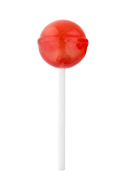 白い背景の上の棒のロリポップ。白い背景に赤い色の丸いお菓子。 - lollipop sucking candy sweet food ストックフォトと画像