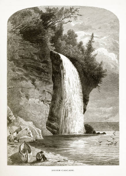 silver cascade, lake superior, minnesota, stany zjednoczone, amerykański rycerowanie wiktoriańskie, 1872 - silver cascade falls stock illustrations