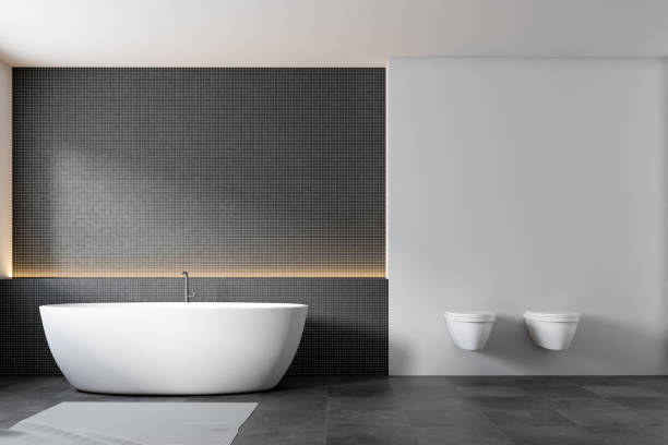 istock Dark mosaic wall bathroom interior, toilets 975215874