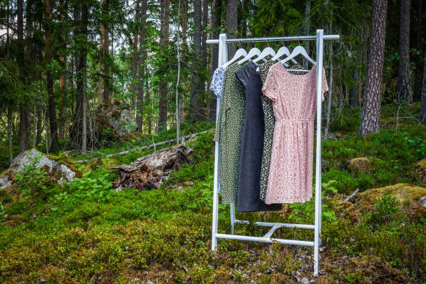 Organic clothes on hangers in forest stock photo