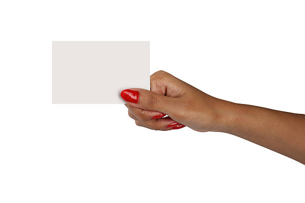 istock Red nail polished female hand with a blank card 97521706