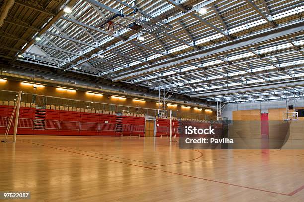 Foto de Grande Vazio Sports Hall Com Telhado De Metal Vermelho e mais fotos de stock de Parquete