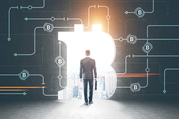 istock Businessman entering bitcoin market, rear view 975222220