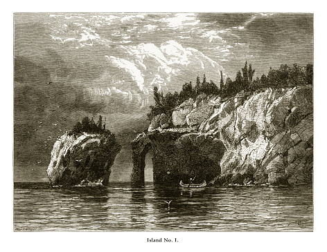 Very Rare, Beautifully Illustrated Antique Engraving of Island Number One, Lake Superior, Minnesota, United States, American Victorian Engraving, 1872. Source: Original edition from my own archives. Copyright has expired on this artwork. Digitally restored.