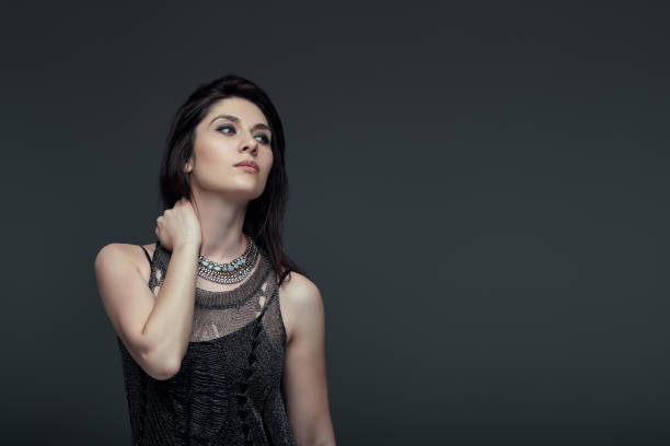 Portrait brunette attractive woman, accent on arms