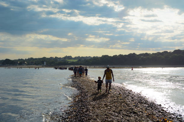 Pebble beach at Hove (East Sussex, UK), a man with a kayak and child on shore, some other people swimming at sea near the shore (defocused).