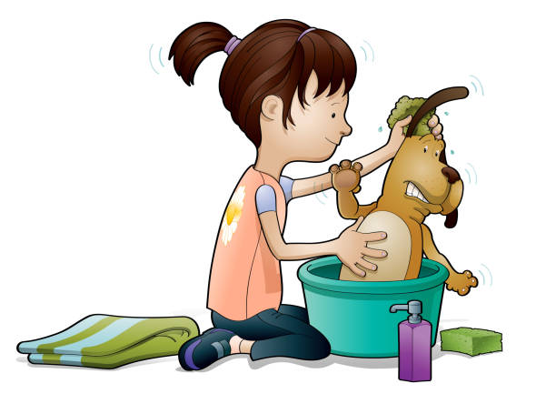 ilustrações de stock, clip art, desenhos animados e ícones de shower time - dog bathtub washing puppy