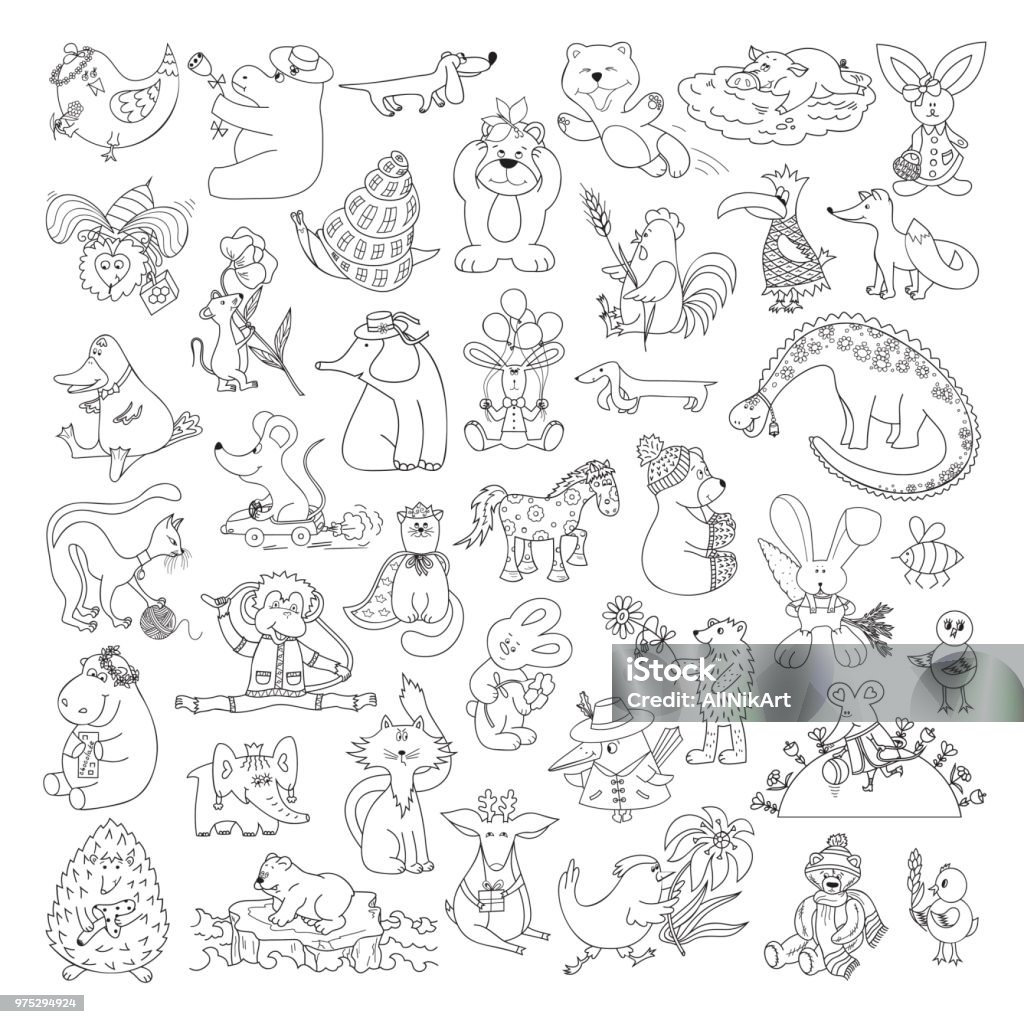 Big Vector Set of Funny Wild Animals and Pets. Coloring Page for kids. Cute Cartoon Animals, Birds, Insects and Fishes for Coloring Book Animal stock vector