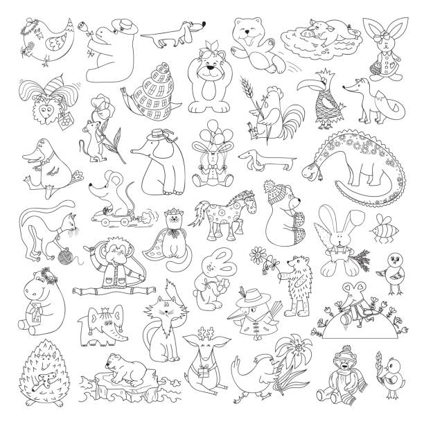Big Vector Set of Funny Wild Animals and Pets. Coloring Page for kids. Cute Cartoon Animals, Birds, Insects and Fishes for Coloring Book Big Vector Set of Funny Wild Animals and Pets. Coloring Page for kids. Cute Cartoon Animals, Birds, Insects and Fishes for Coloring Book dinosaur drawing stock illustrations