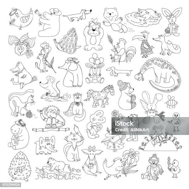 Big Vector Set Of Funny Wild Animals And Pets Coloring Page For Kids Cute Cartoon Animals Birds Insects And Fishes For Coloring Book Stock Illustration - Download Image Now