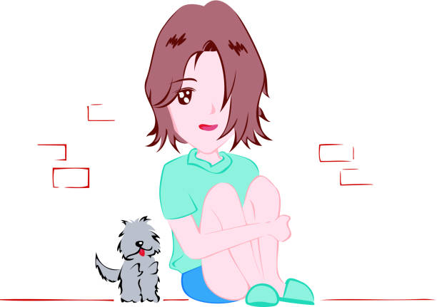 Girl sitting against wall with dog vector art illustration