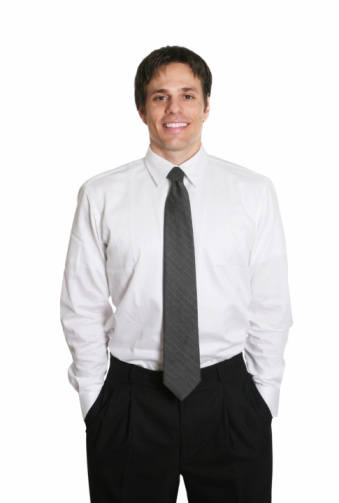 Confident businessman with copy space to one side shot on white