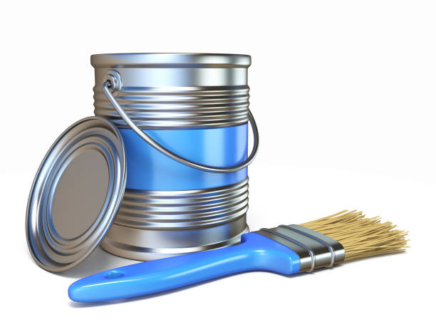 istock Blue color metal paint can and brush 3D 975310144