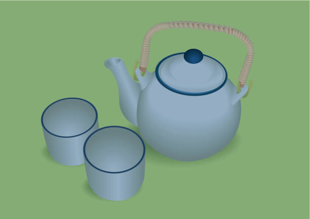 Chinese/Japanese style Tea pot and cups vector art illustration