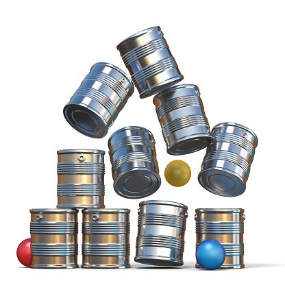 Falling tin cans and three balls 3D illustration isolated on white background