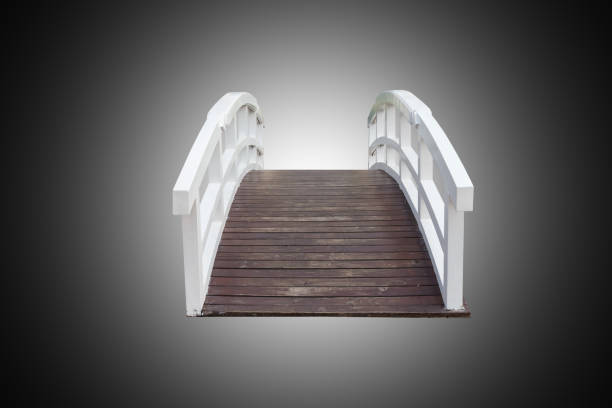 Wooden bridge with white barrier, isolated on gray background with clipping path