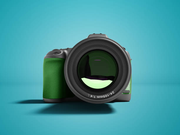 Modern green professional camera for nature photography front 3d rendering not blue background with shadow