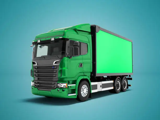 Modern green truck with green trailer for transportation of goods around the city on the right 3d render on blue background with shadow