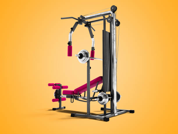 istock Modern raspberry sports training apparatus with black inserts for power load of legs and hands 3d render on orange background with shadow 975380094
