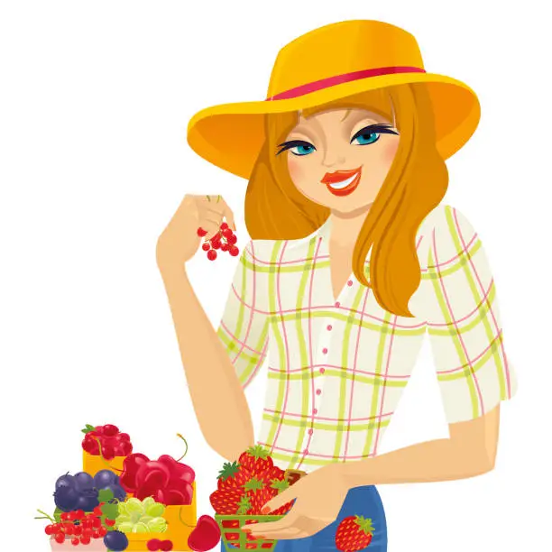 Vector illustration of Farmer Girl selling organic fresh berries