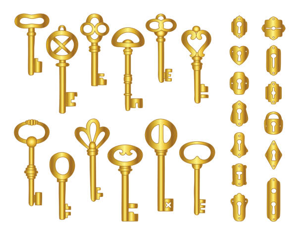 illustrazioni stock, clip art, cartoni animati e icone di tendenza di collezione di chiavi e buco della serratura in oro vintage. - keyhole lock door antique