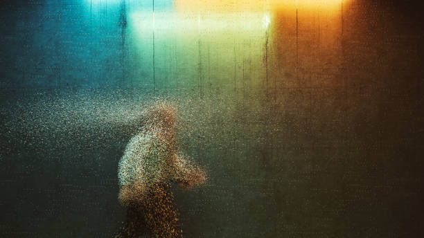 Surreal businessman walking in dark alley.