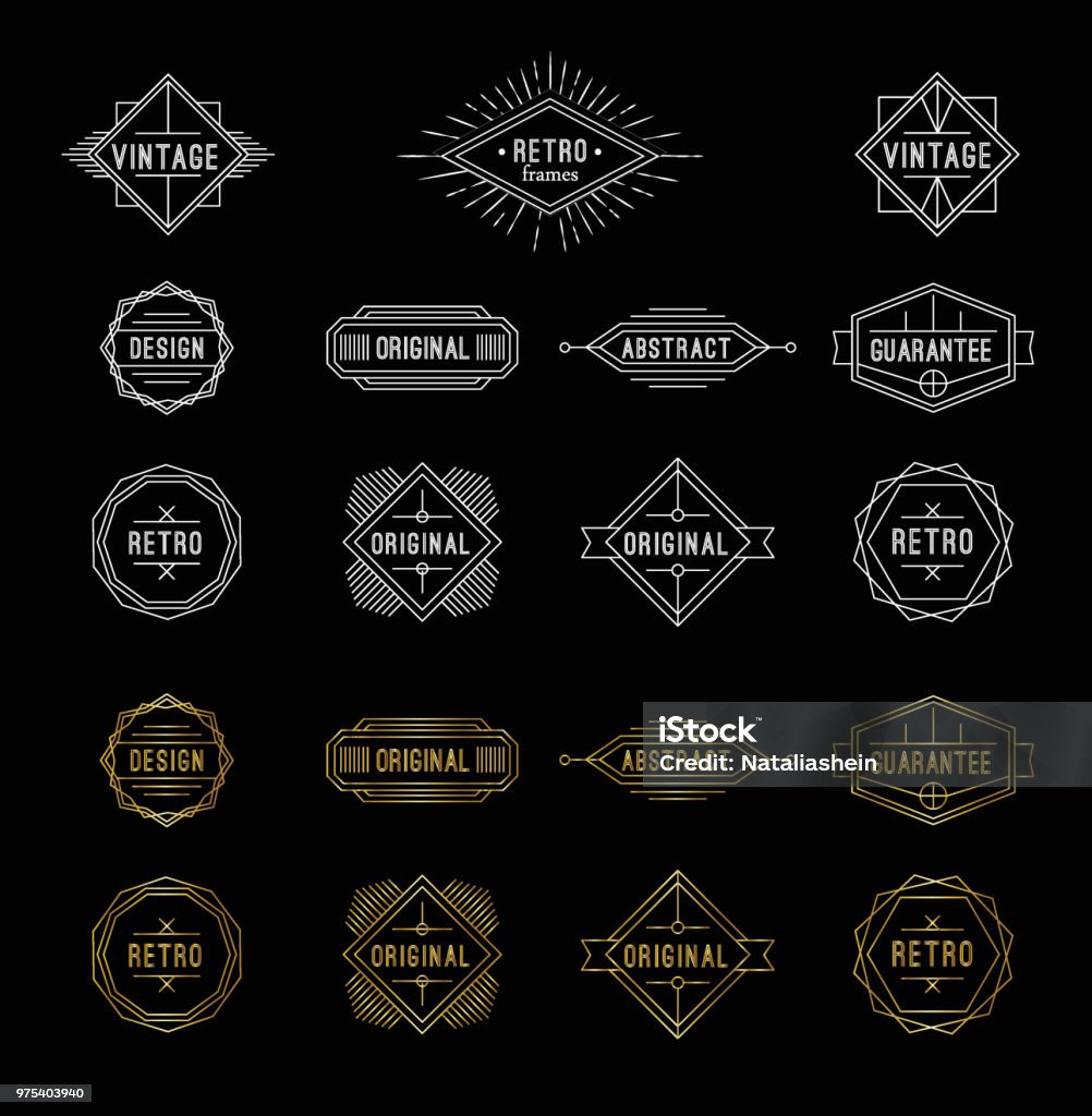 Conjunto de ouro brilhante e branco geométricos rótulos vintage com o lugar para texto. - Vetor de Logotipo royalty-free