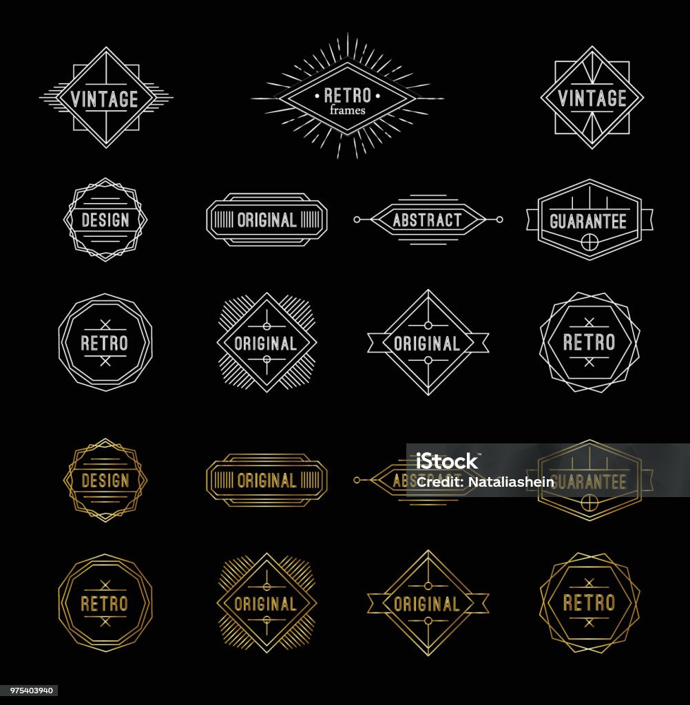 Set of shiny gold and white geometric vintage labels with the place for text. Set of shiny gold and white geometric vintage labels with the place for text. Vector illustration. Logo stock vector
