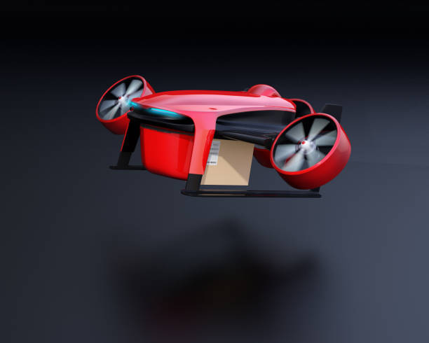 istock Red VTOL drone carrying delivery packages takeoff on black background 975418588