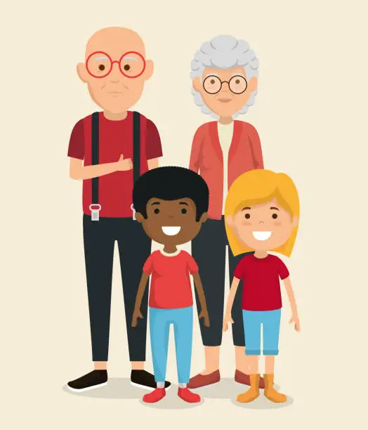 Vector illustration of grandparents couple with kids avatars characters