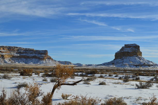 Fajada Butte and Chaco Culture National Historic Site winter scene stock photo